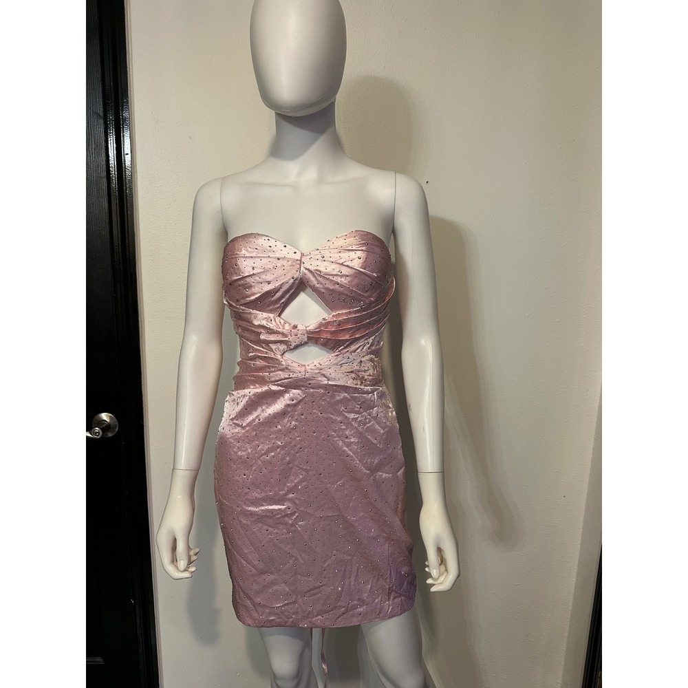 Pink Rhinestone Cutout Mini Dress Strapless Lace Up Back Party Cocktail Sparkly